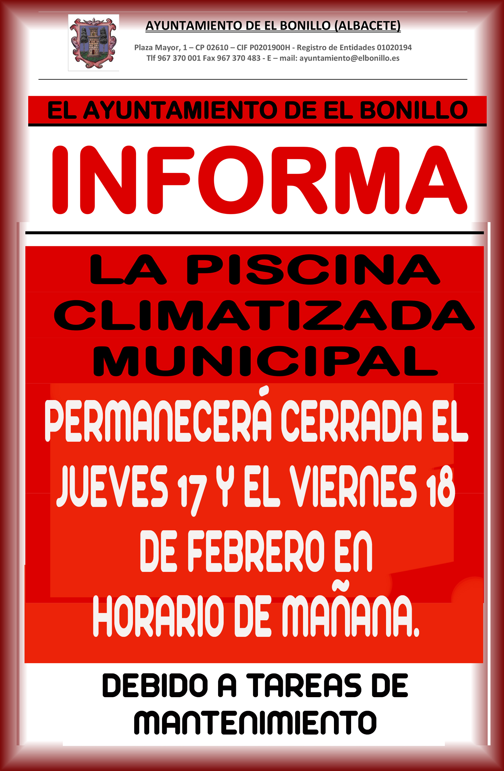 CIERRE PISCINA CLIMATIZADA MUNICIPAL JUEVES 17 VIERNES 18 DE FEBRERO EN