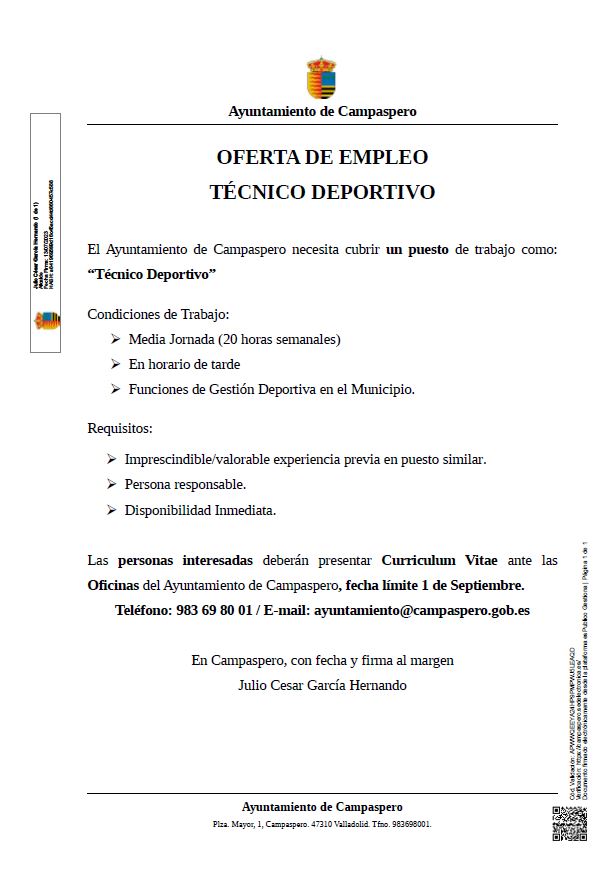 OFERTA DE EMPLEO TÉCNICO DEPORTIVO EN EL AYUNTAMIENTO DE CAMPASPERO