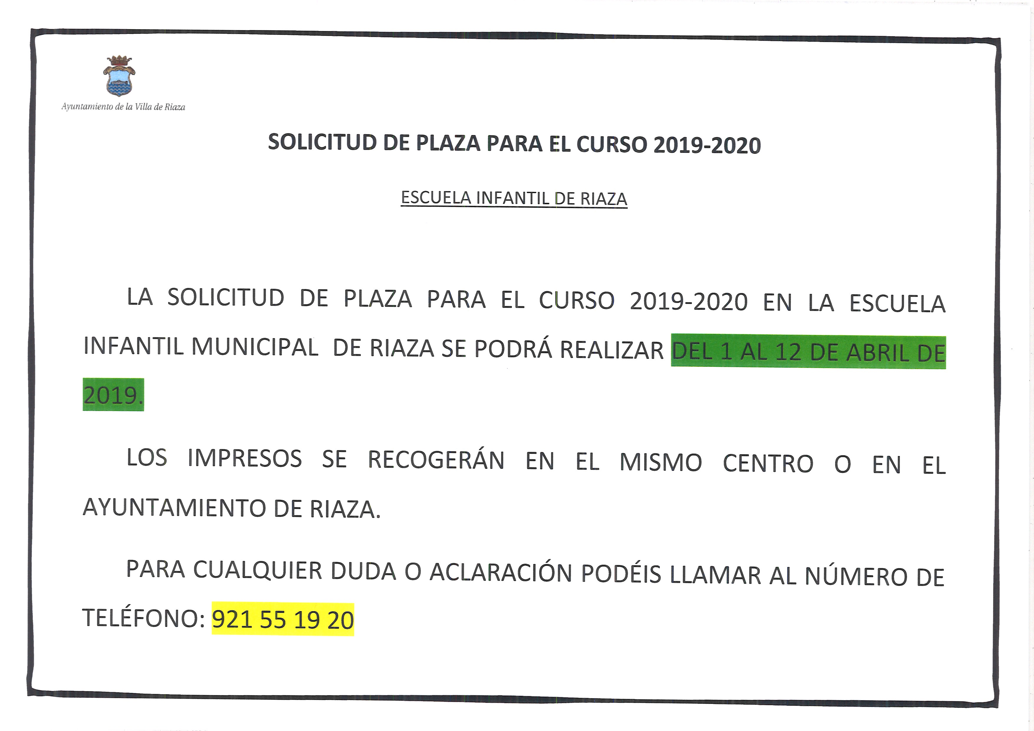 Solicitud De Plaza Para El Curso 2019 2020 Para La Escuela Infantil 6990