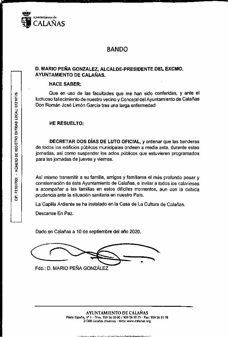 Decreto de dos días de luto oficial por la muerte del Concejal Román J.  Limón García
